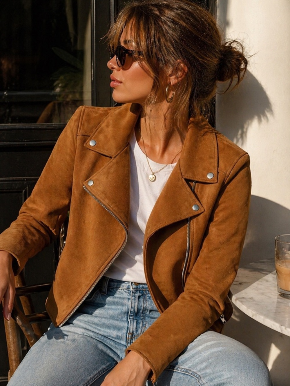 Camel Faux Suede Moto Jacket Cropped Biker Minimalist 90s Chic Size 2 - Picture 9 of 9